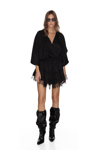 Black Wool Mini Dress With Chantilly Lace Insertions - PNK Casual