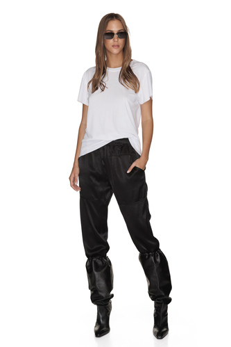 Black Viscose Track Pants With Elasticated Cotton Hem - PNK Casual