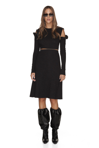 Ribbed Knit Black Cotton Dress With Details - PNK Casual