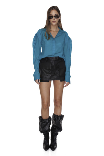 Turquoise Silk-Cotton Shirt With Oversized Shoulders - PNK Casual