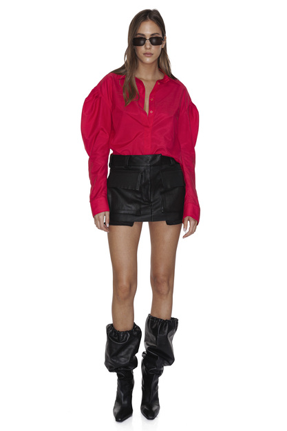 Red Silk-Cotton Shirt With Oversized Shoulders