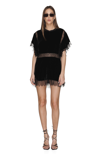 Black Velvet Mini Dress With Chantilly Lace Insertions - PNK Casual