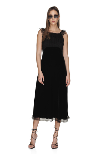 Backless Velvet Midi Dress With Chantilly Lace Insertions - PNK Casual