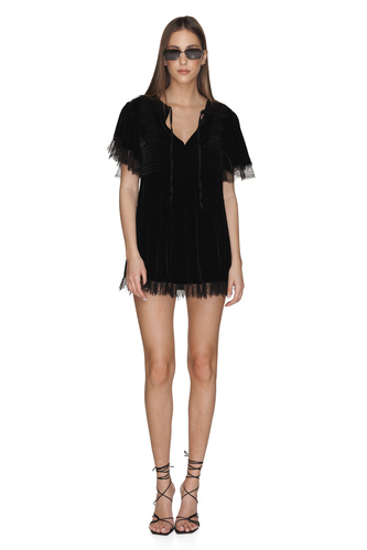 Oversized Black Velvet Mini Dress With Chantilly Lace Insertions - PNK Casual