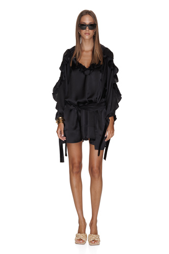 Black Silk Mini Dress With Ruffles - PNK Casual