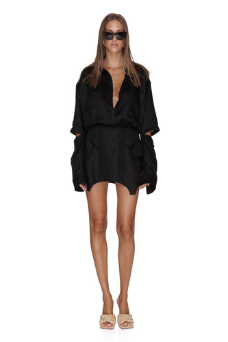 Black Linen Mini Dress with Corset Skirt - PNK Casual