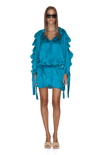 Turquoise Silk Mini Dress With Ruffles - PNK Casual