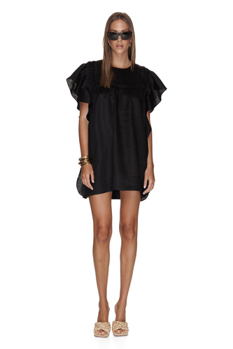 Black Linen Oversized Mini Dress With Ruffles - PNK Casual