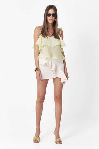 Off White Cotton Mini Skirt With Front Ruffle - PNK Casual