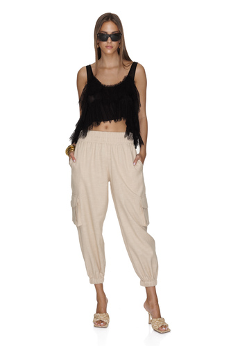 Beige Pants With Pockets Detail and Elasticated Waistband - PNK Casual