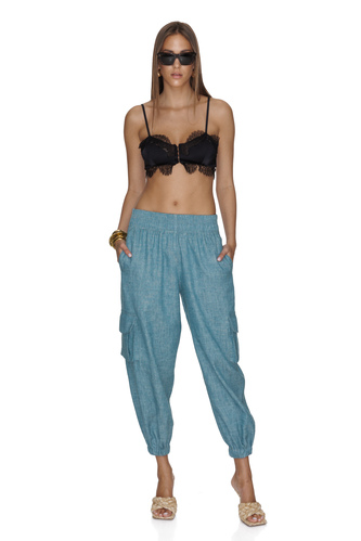 Blue-Green Pants With Pockets Detail and Elasticated Waistband - PNK Casual